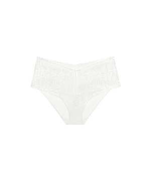 White lace high-waisted briefs with a sheer mesh inner panel, shown flat against a solid white background.