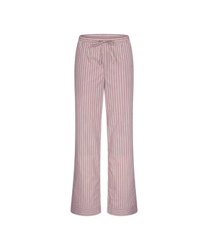 A pair of wide-leg trousers in a dusty pink and white vertical stripe pattern, featuring an elastic waistband with a matching drawstring, shown against a plain white background.