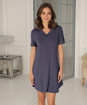 Bamboo - Short Sleeve Nightdress  Lace - 366 Greystone