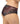 Close-up side view of a model wearing sheer burgundy lace panties with black floral lace trim and a butterfly pattern, against a plain white background.