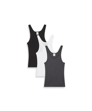 100% Cotton - Scoop Neck Cotton Tank 3Pk - 89T BLACK/WHITE/CHA HEATHER