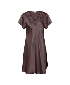 Pure Silk - Nightgown w.lace, short sleeve - 190 COFFEE BEAN