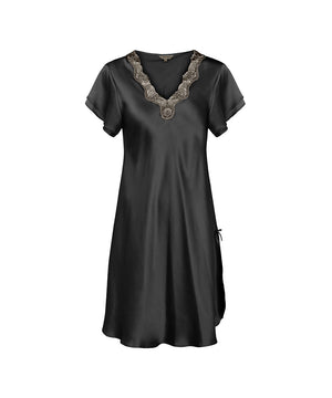 Pure Silk - Nightgown w.lace, short sleeve - 232 BLACK/GOLD