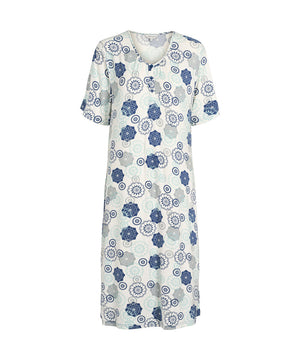 Bambus Homewear - Long Nightdress, Short Sleeve - 655 BLUE/GREY FLORAL