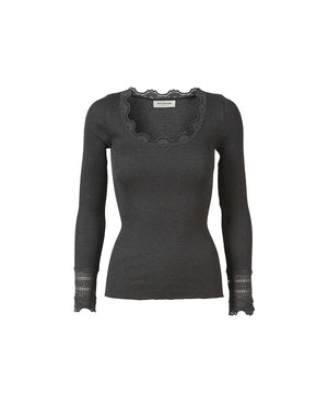 RWBenita - LS O-neck Lace Top - 009 DARK GREY MELANGE