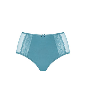 Teal underwear with lace detailing on a white background