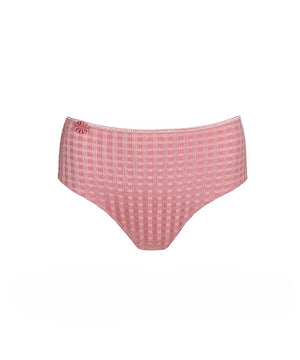 Pink and white gingham checkered full brief panty with a small embroidered flower detail on the left hip, shown against a plain white background.