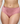 A close-up of a model wearing pink checkered full brief underwear with a small floral embellishment on the left hip, against a light gray background.