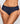 A close-up of a model wearing navy blue full brief panties with a subtle woven geometric pattern and a small embroidered flower detail on the left hip, set against a plain light gray background.