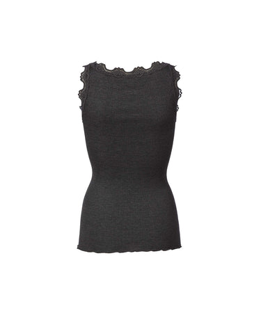 Babette - Top Regular W/Vintage Lace - 009 DARK GREY MELANGE
