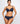 Woman wearing a navy blue Avero lingerie set from Marie Jo with a textured pattern on a light gray background