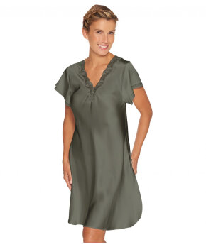 Lady Avenue - Silk Woven Nightgown W/Lace, Short Sleeve