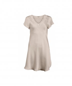 Lady Avenue - LA - Silk Woven Nightgown W/Lace, Short Sleeve