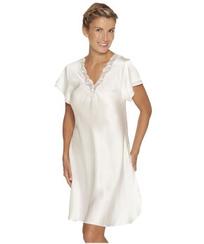 Lady Avenue - LA - Silk Woven Nightgown W/Lace, Short Sleeve