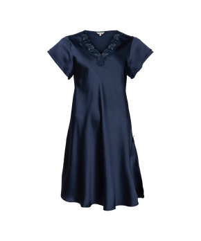 Lady Avenue - Silk Woven Nightgown W/Lace, Short Sleeve