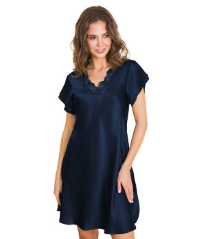 Lady Avenue - Silk Woven Nightgown W/Lace, Short Sleeve